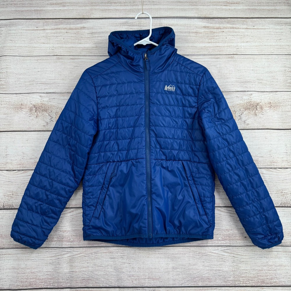 REI Co-op Puffer Jacket Boys Large 14-16 Blue Hooded Quilted Insulated 20087-F18